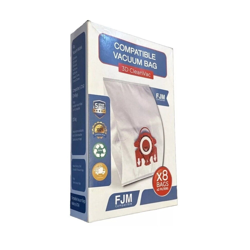 FJM Compatible Vacuum Bag 3D CleanVac 8 Bags 2 Filters Made By 5 Star